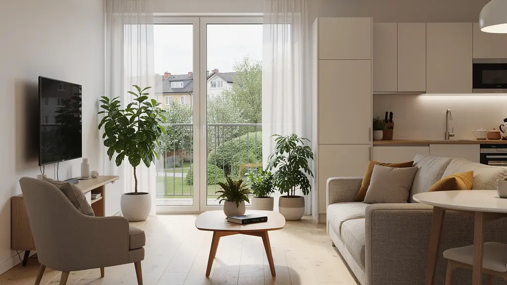 Appartement résidence senior Brest : intérieur lumineux avec cuisine équipée et balcon fleuri