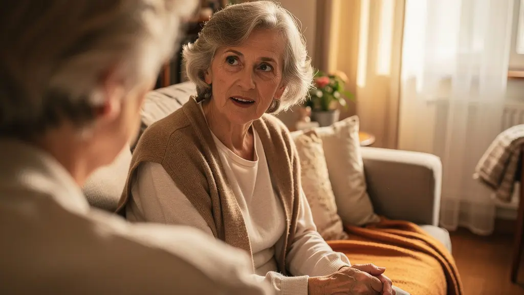 Mère et fille en conversation sérieuse dans un salon, discussion familiale