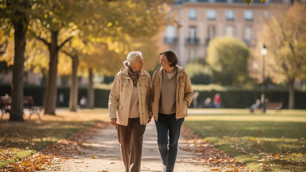 Promenade mère et fille dans un parc toulousain, moment familial authentique