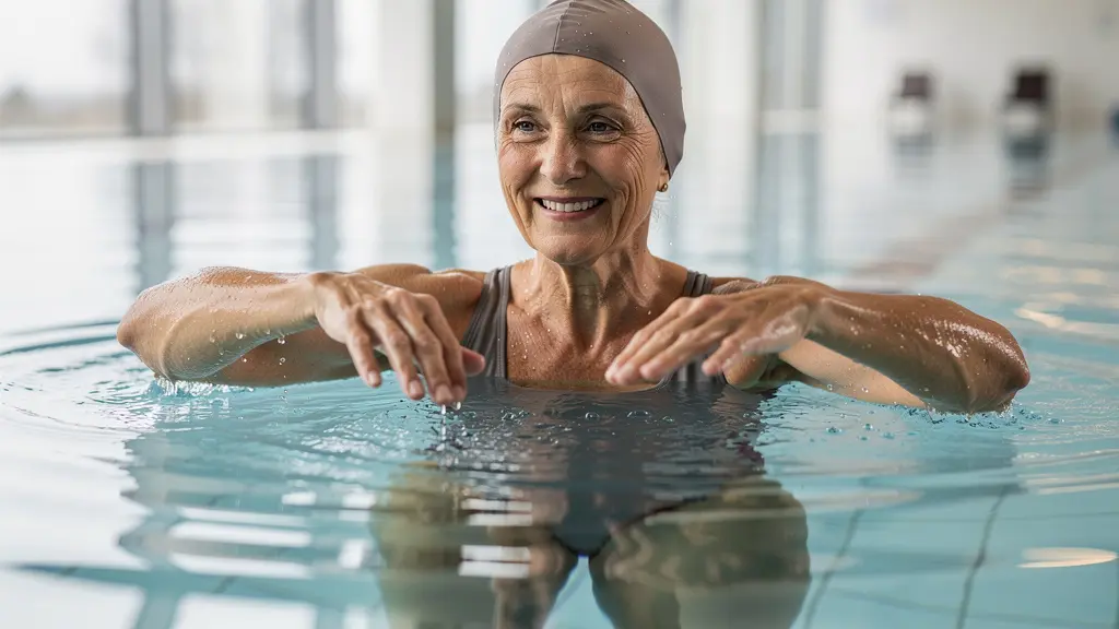 Aquagym résidence senior Brest : senior pratiquant des exercices dans piscine intérieure chauffée