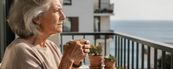 Résidence senior Brest : femme retraitée profitant d'un café sur sa terrasse avec vue océan