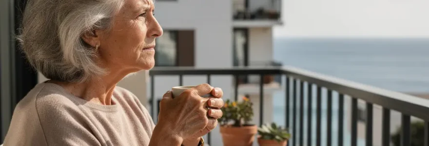 Résidence senior Brest : femme retraitée profitant d'un café sur sa terrasse avec vue océan