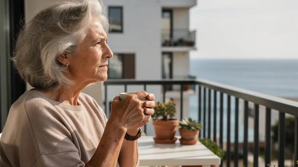 Résidence senior Brest : femme retraitée profitant d'un café sur sa terrasse avec vue océan