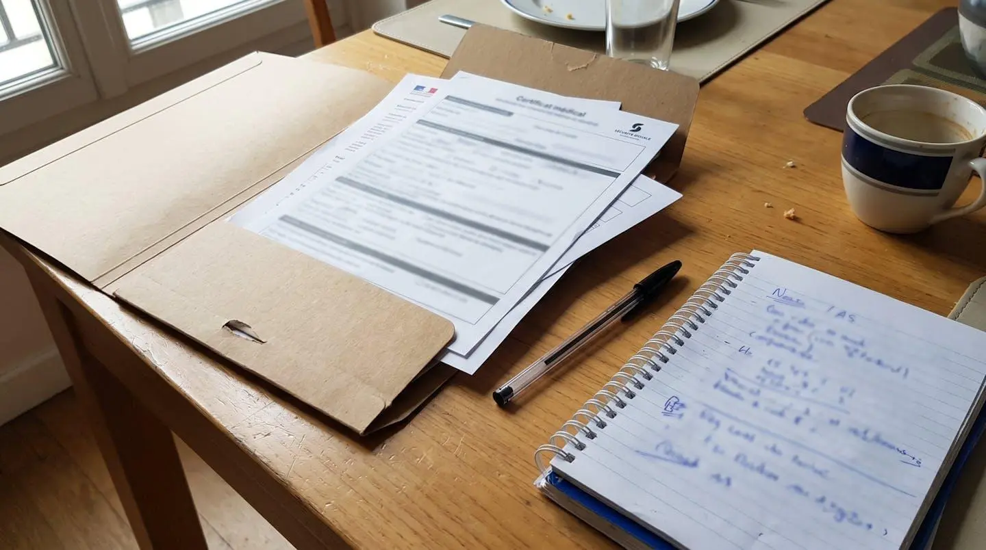 Un dossier administratif ouvert avec documents médicaux et notes manuscrites préparés pour une visite EHPAD