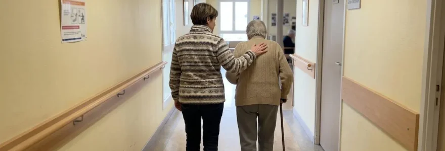Une fille et sa mère âgée marchent ensemble dans un couloir d'EHPAD lumineux lors d'une visite de pré-admission