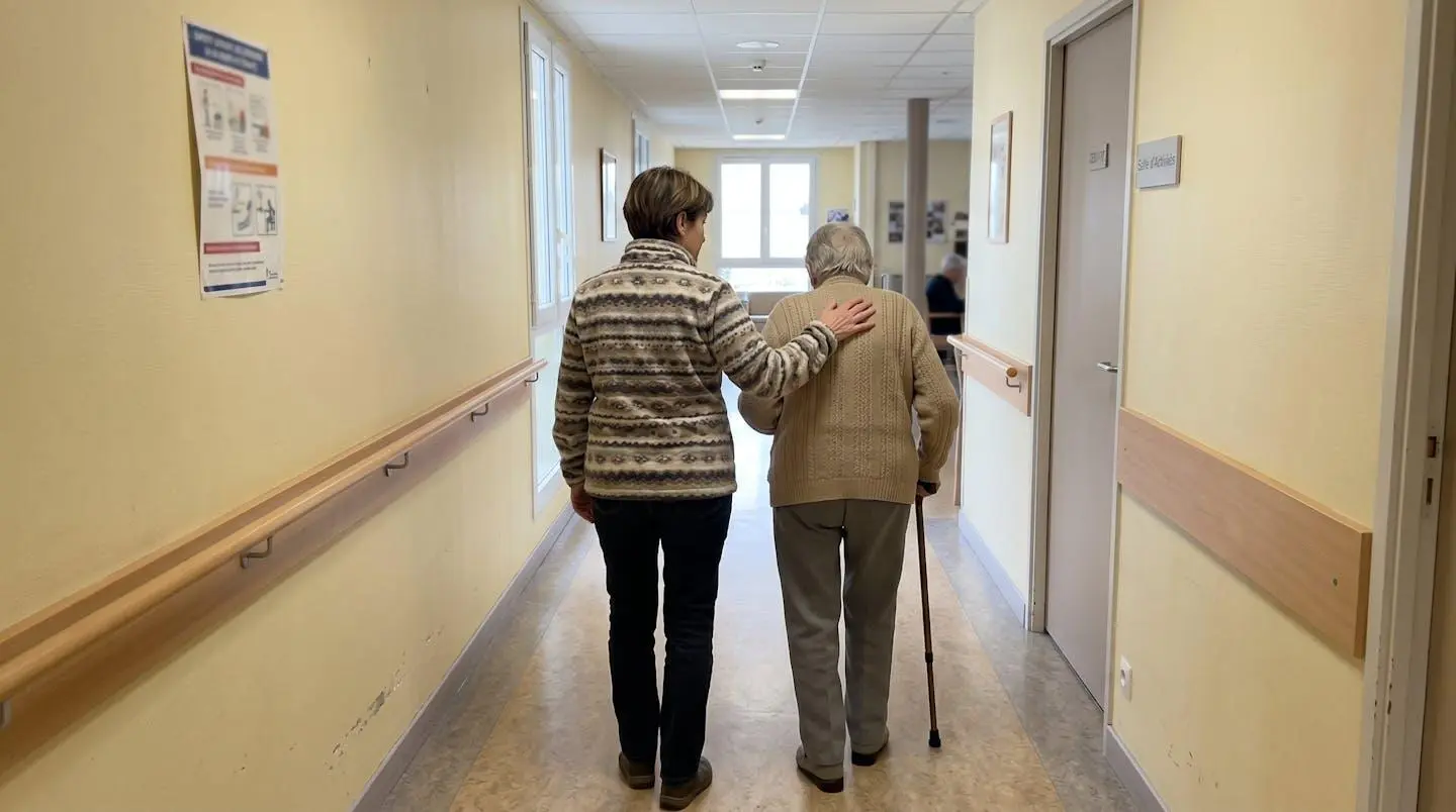 Une fille et sa mère âgée marchent ensemble dans un couloir d'EHPAD lumineux lors d'une visite de pré-admission