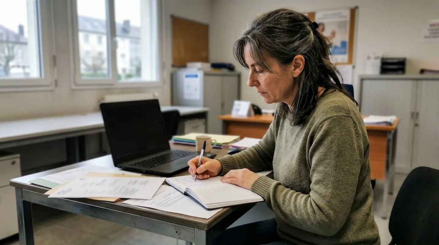 Une visiteuse prend des notes lors d'un entretien avec le directeur d'un EHPAD pendant la visite de pré-admission