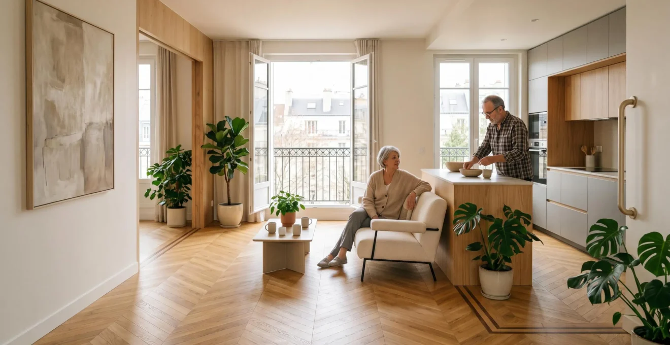 Intérieur chaleureux d'un logement adapté aux seniors avec espace lumineux et sécurisé
