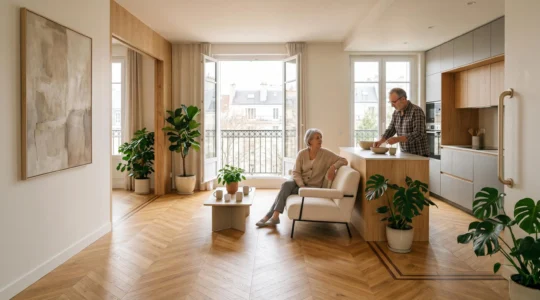 Intérieur chaleureux d'un logement adapté aux seniors avec espace lumineux et sécurisé