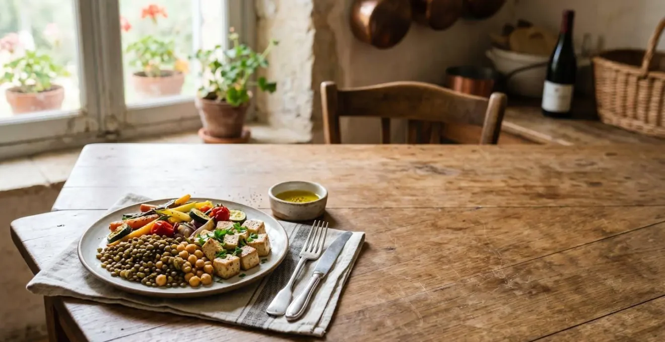Assiette équilibrée avec légumineuses colorées et légumes frais pour l'alimentation des seniors