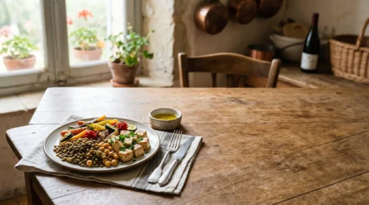 Assiette équilibrée avec légumineuses colorées et légumes frais pour l'alimentation des seniors