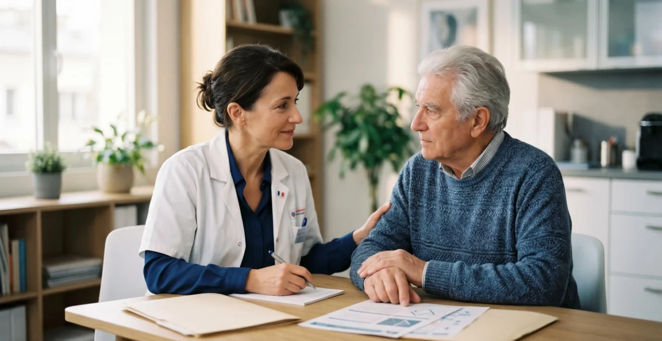 Professionnel de santé français accompagnant une personne âgée lors d'un bilan cognitif