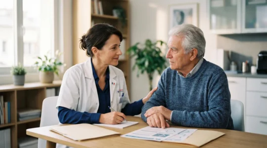 Professionnel de santé français accompagnant une personne âgée lors d'un bilan cognitif