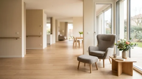 Intérieur lumineux et sécurisé adapté aux seniors en France avec aménagements ergonomiques