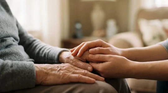 Mains d'un senior et d'un proche en geste de soutien symbolisant l'accompagnement face aux troubles cognitifs