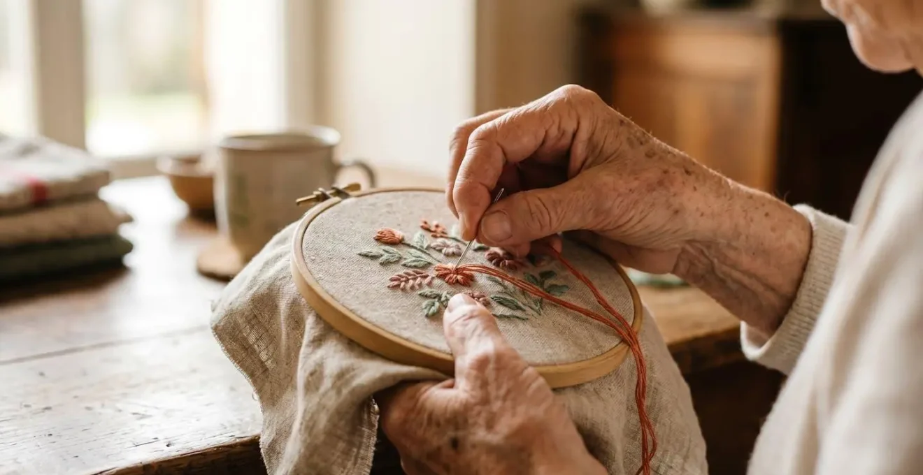 Mains de senior en train de broder avec du fil coloré dans une ambiance chaleureuse