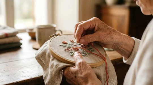 Mains de senior en train de broder avec du fil coloré dans une ambiance chaleureuse