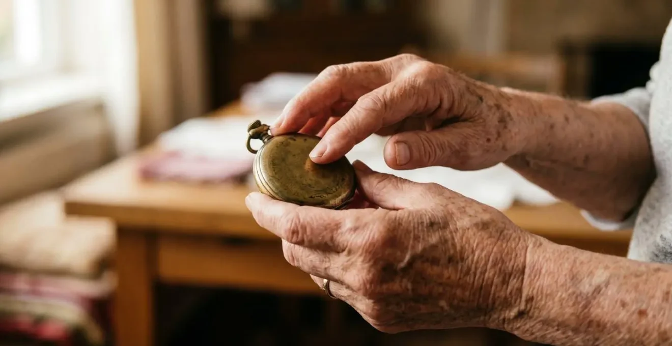Mains d'une personne senior tenant délicatement un objet familier symbolisant la mémoire et les souvenirs