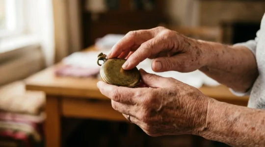Mains d'une personne senior tenant délicatement un objet familier symbolisant la mémoire et les souvenirs