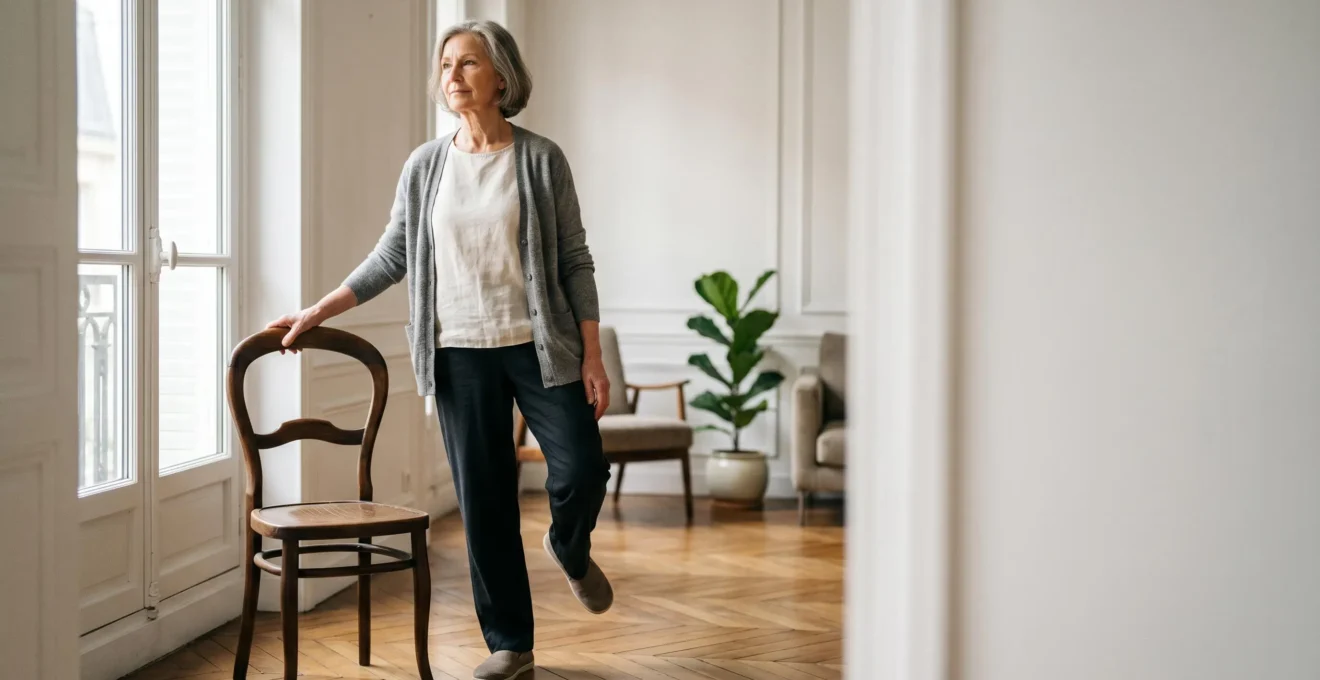 Personne âgée sereine pratiquant un exercice d'équilibre dans un intérieur lumineux et sécurisé