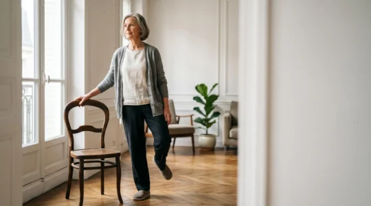 Personne âgée sereine pratiquant un exercice d'équilibre dans un intérieur lumineux et sécurisé
