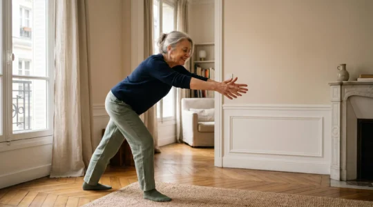 Senior pratiquant des exercices de mobilité douce pour réduire la rigidité musculaire liée à Parkinson