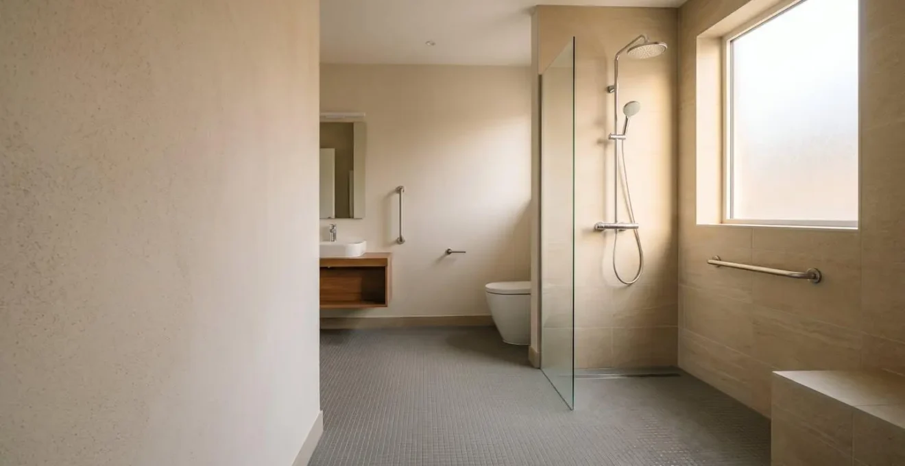 Salle de bain moderne adaptée aux seniors avec douche à l'italienne sécurisée et sol antidérapant