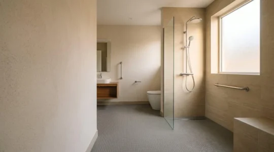 Salle de bain moderne adaptée aux seniors avec douche à l'italienne sécurisée et sol antidérapant