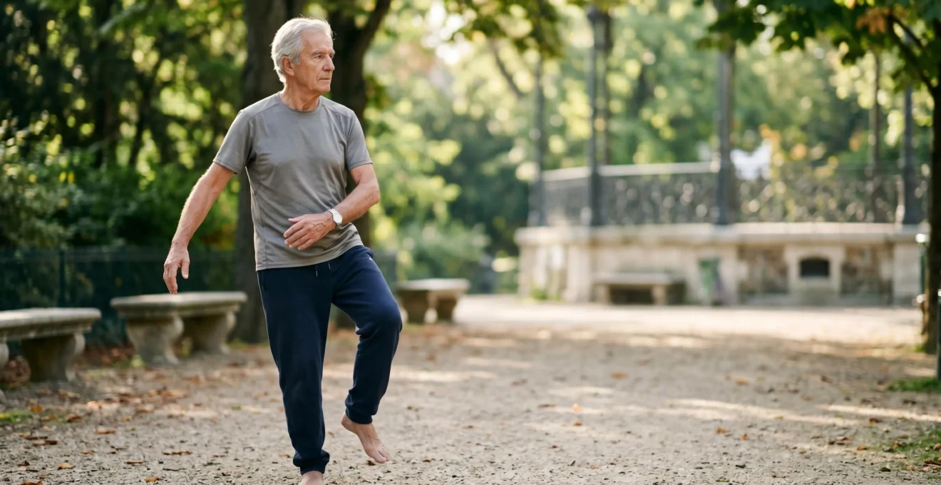 Personne senior active pratiquant une activité physique douce en plein air pour préserver sa santé osseuse