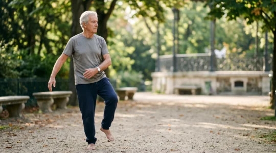 Personne senior active pratiquant une activité physique douce en plein air pour préserver sa santé osseuse