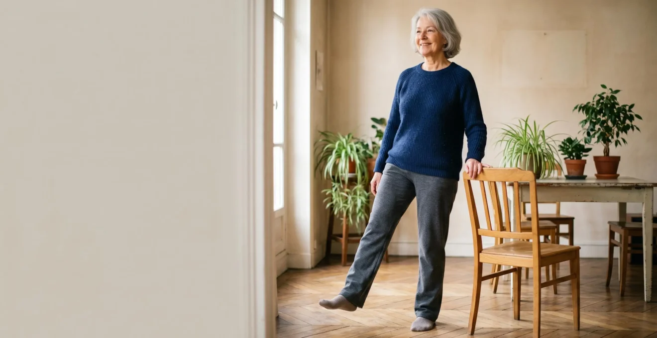 Personne senior pratiquant des exercices de motricite en toute securite a domicile
