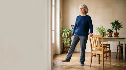 Personne senior pratiquant des exercices de motricite en toute securite a domicile