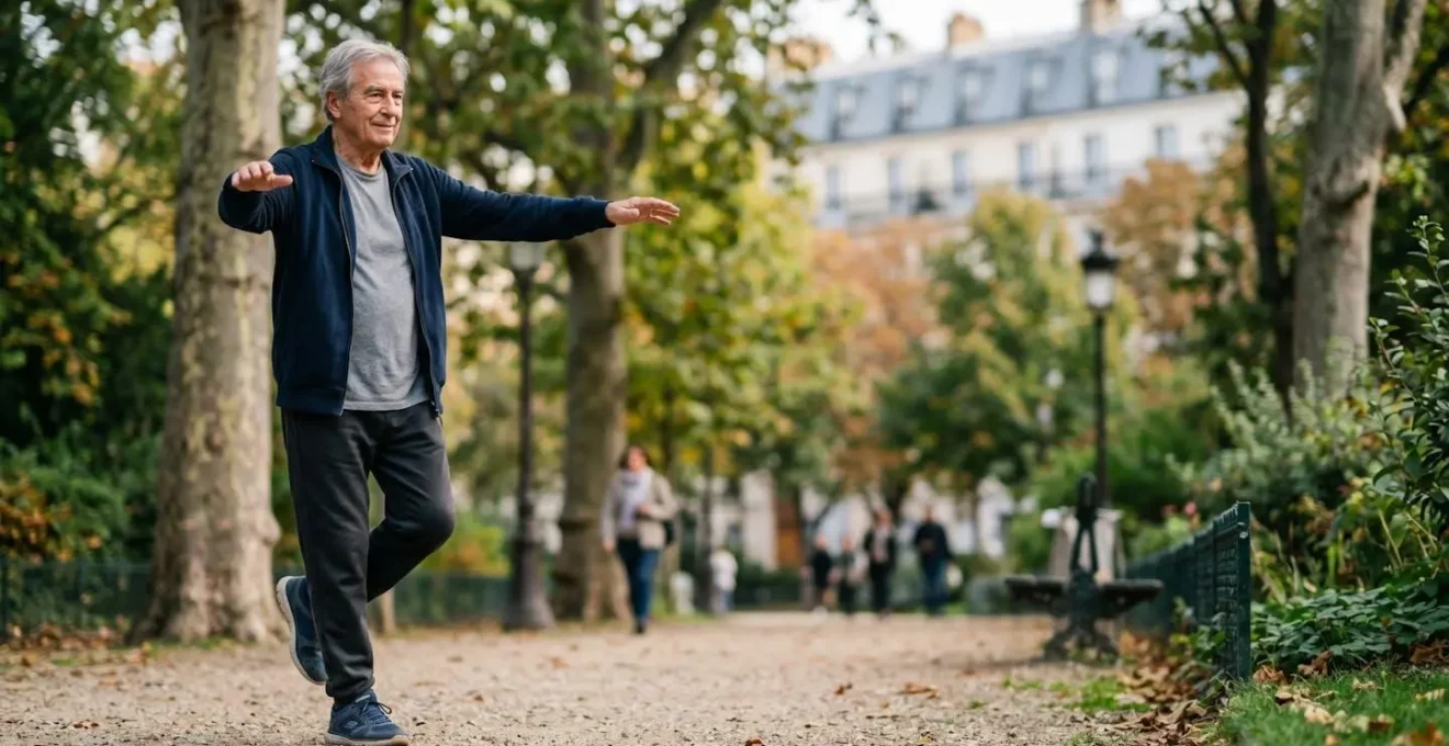 Senior français pratiquant des exercices physiques variés en extérieur pour maintenir son autonomie après 70 ans
