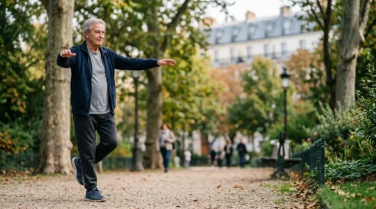 Senior français pratiquant des exercices physiques variés en extérieur pour maintenir son autonomie après 70 ans