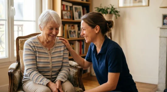 Une personne âgée accompagnée dans son quotidien à domicile, symbolisant l'aide et l'autonomie