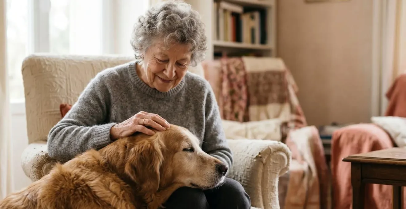 Senior souriant caressant un chien âgé dans une ambiance chaleureuse de bien-être