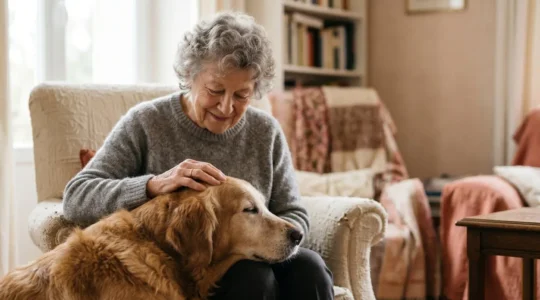 Senior souriant caressant un chien âgé dans une ambiance chaleureuse de bien-être
