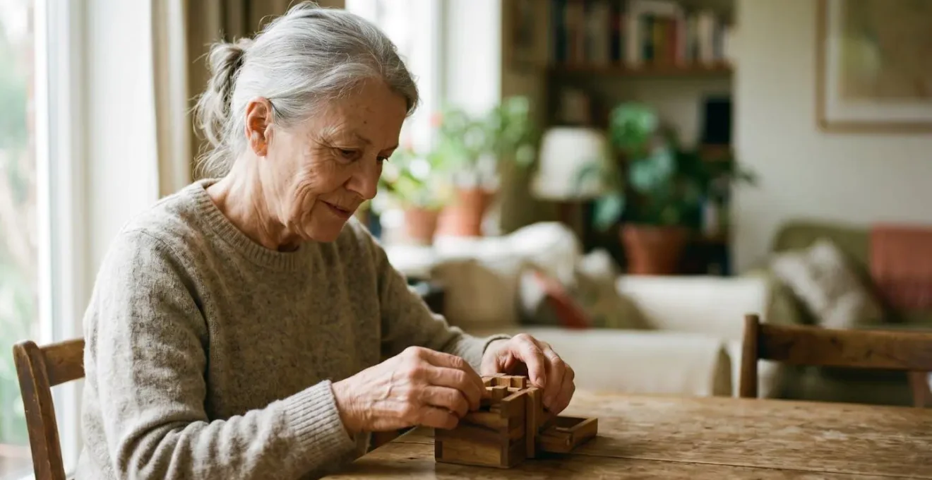 Personne âgée concentrée sur une activité cognitive stimulante