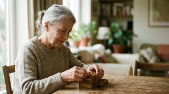 Personne âgée concentrée sur une activité cognitive stimulante
