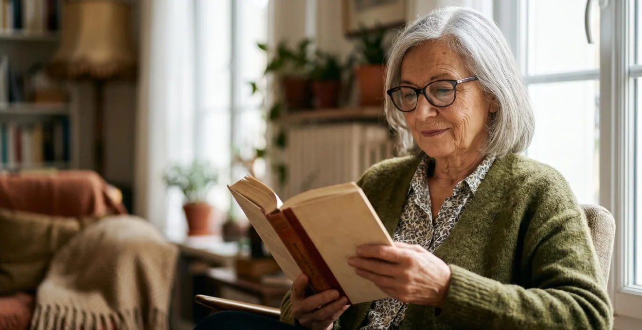 Senior lisant confortablement dans un environnement bien éclairé avec lumière naturelle douce