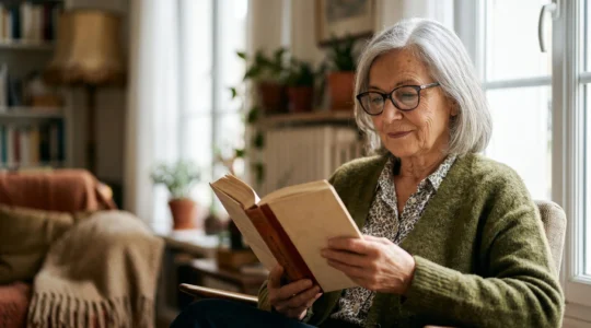 Senior lisant confortablement dans un environnement bien éclairé avec lumière naturelle douce