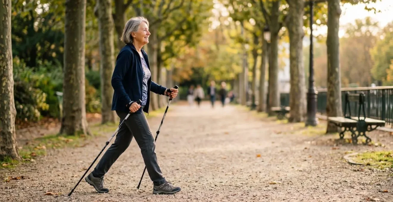 Senior pratiquant la marche nordique avec des bâtons dans un parc verdoyant français