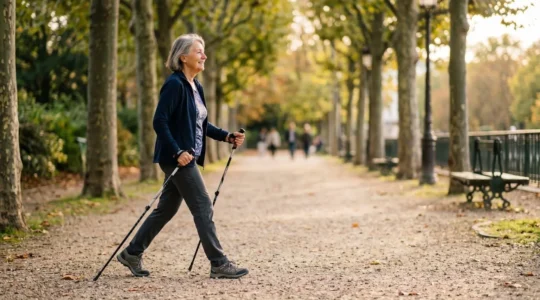 Senior pratiquant la marche nordique avec des bâtons dans un parc verdoyant français