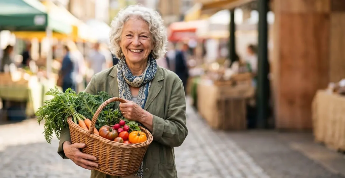 Senior souriant tenant un panier de légumes frais et colorés au marché