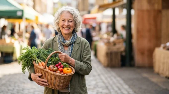 Senior souriant tenant un panier de légumes frais et colorés au marché