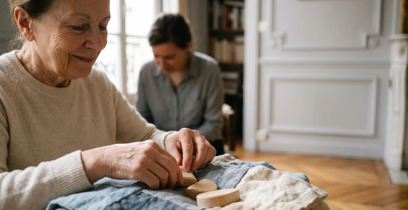 Personne âgée pratiquant une activité adaptée avec accompagnement bienveillant