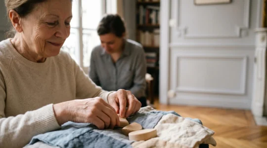 Personne âgée pratiquant une activité adaptée avec accompagnement bienveillant
