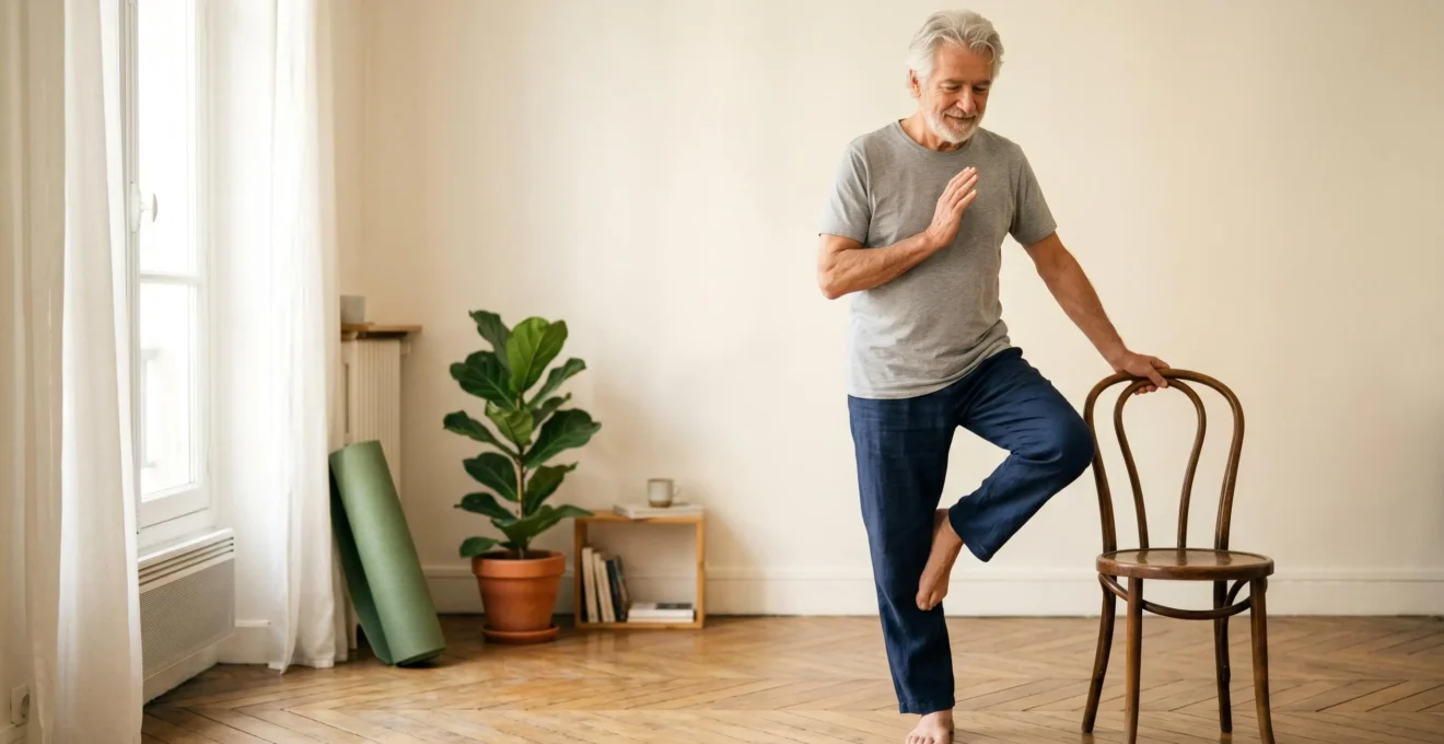 Senior pratiquant le yoga dans une ambiance apaisante, illustrant bien-être physique et mental