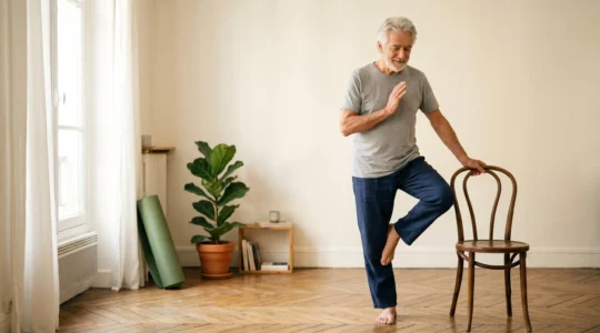 Senior pratiquant le yoga dans une ambiance apaisante, illustrant bien-être physique et mental