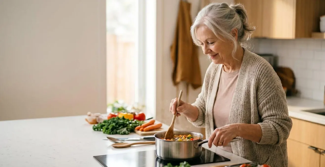 Senior en activité dans sa cuisine adaptée préparant un repas équilibré